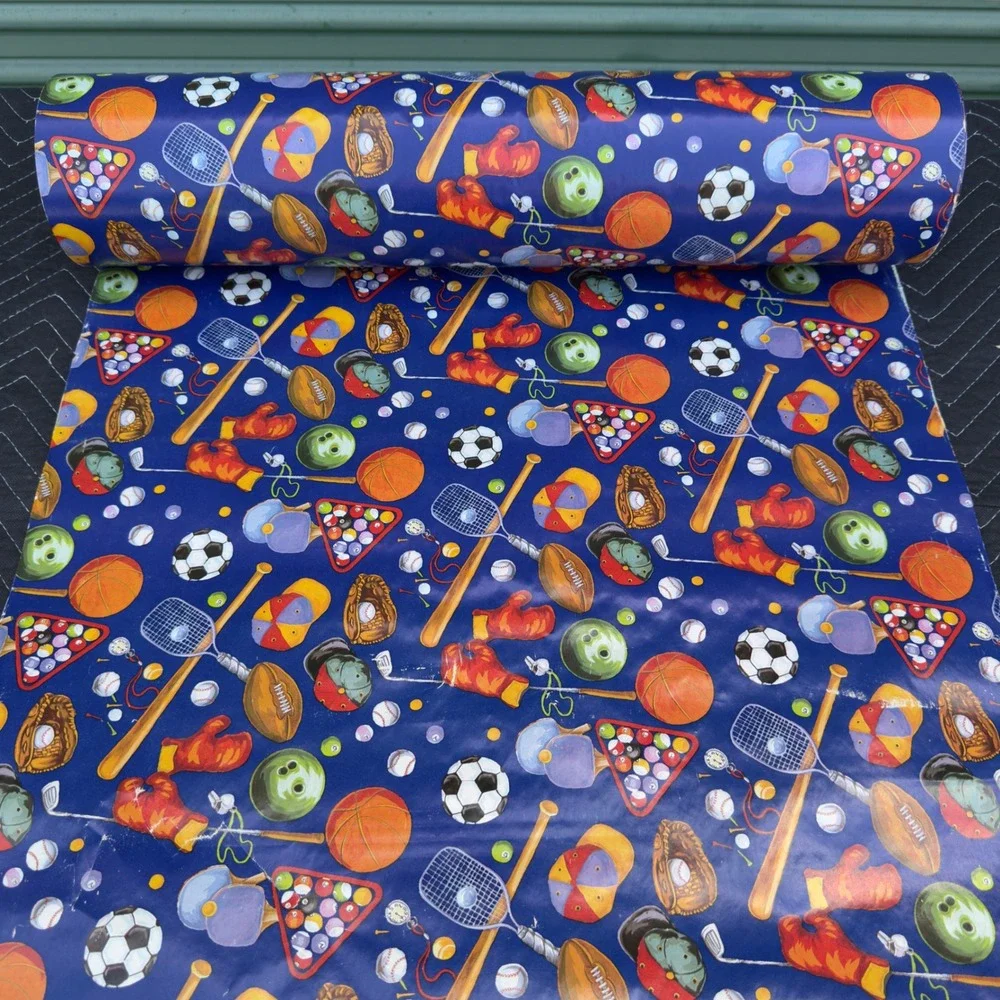 Vintage Sports Gift Wrap Roll Blue All Over Print Baseball Basketball 24 Inch
